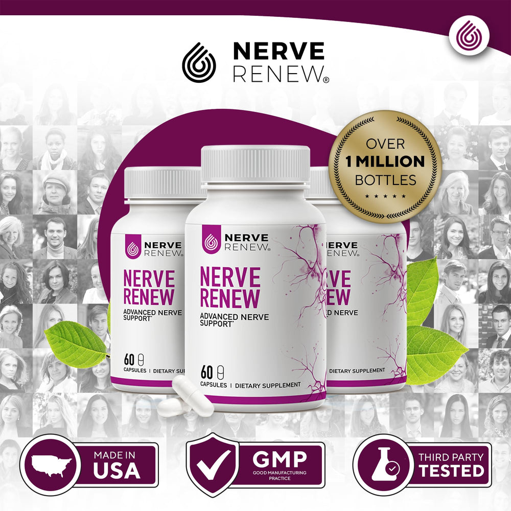 NERVE RENEW bottle beside tablet illustrates ongoing routines.