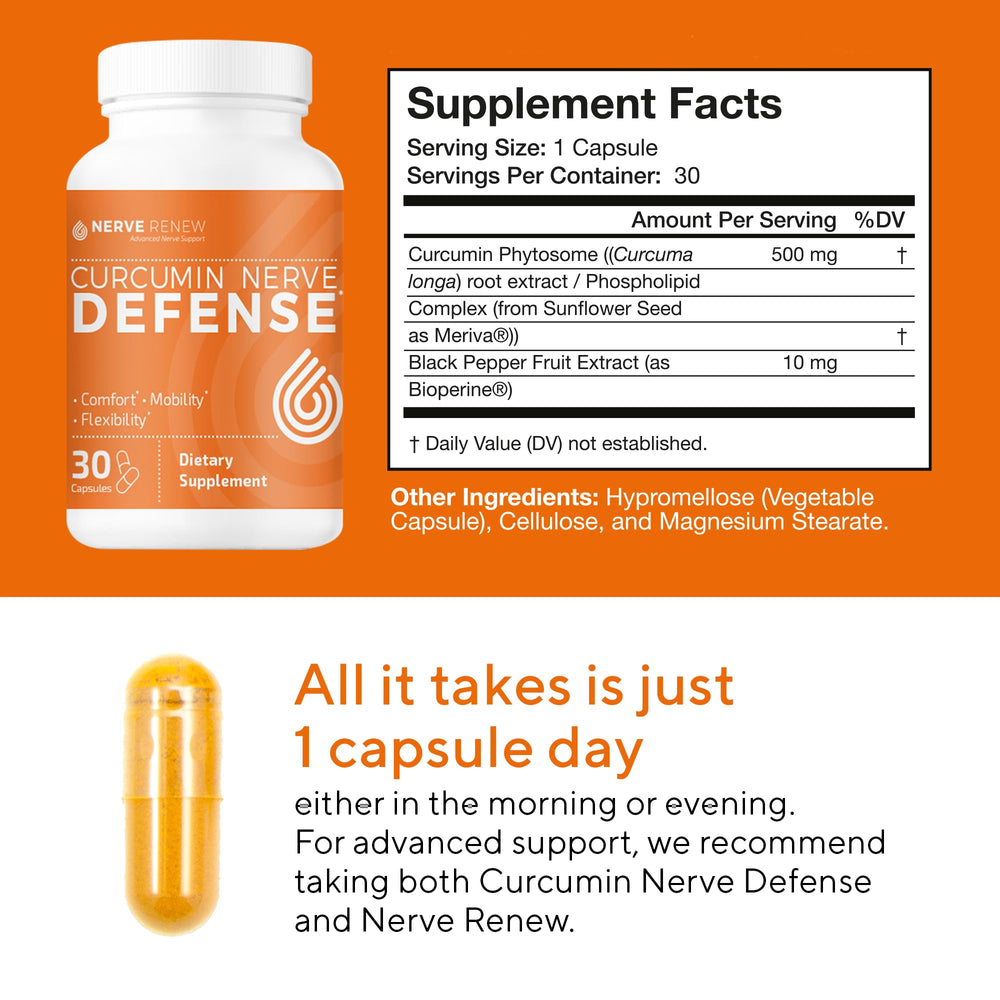 NERVE RENEW Curcumin Nerve Defense capsules designed for mobility and flexibility on the go.