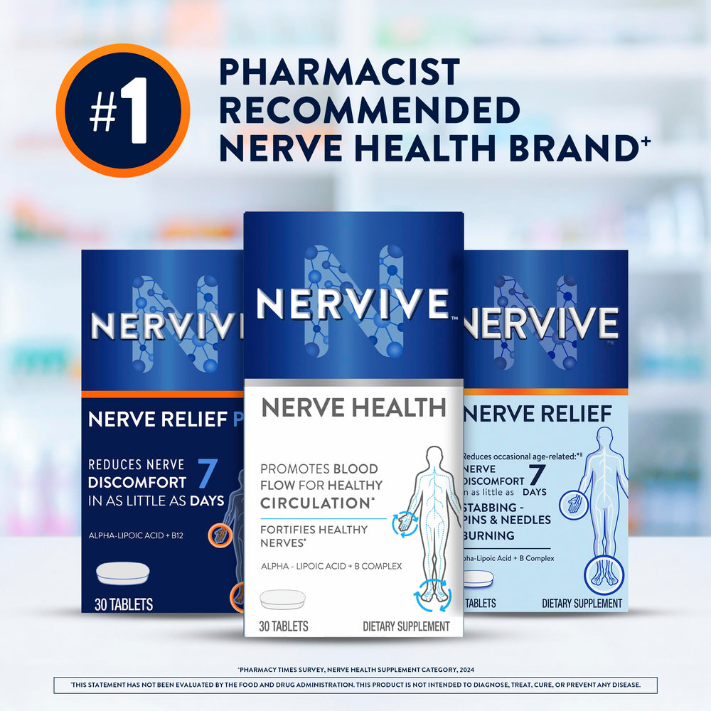 Nervive Nerve Health bottle-top view emphasizes convenient one-a-day schedule