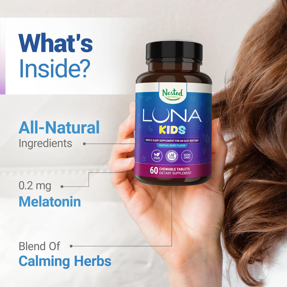 Nested Naturals Luna Kids Sleep chewables closeup shows easy-to-chew tablets.