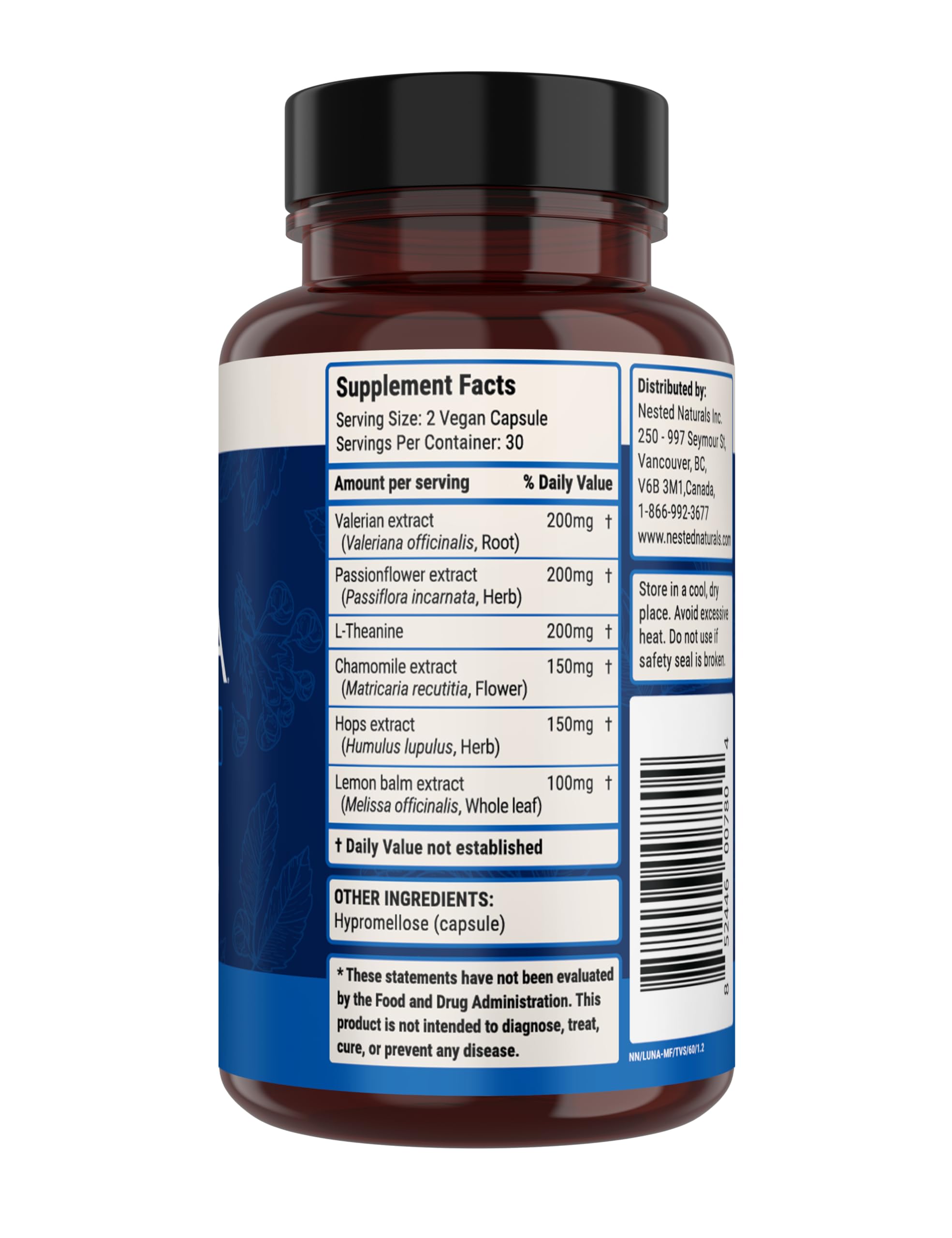 Nested Naturals Luna Melatonin-Free pack beside a glass of water for bedtime use.