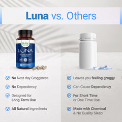 Nested Naturals Luna Melatonin-Free nighttime setup on a bedside table.