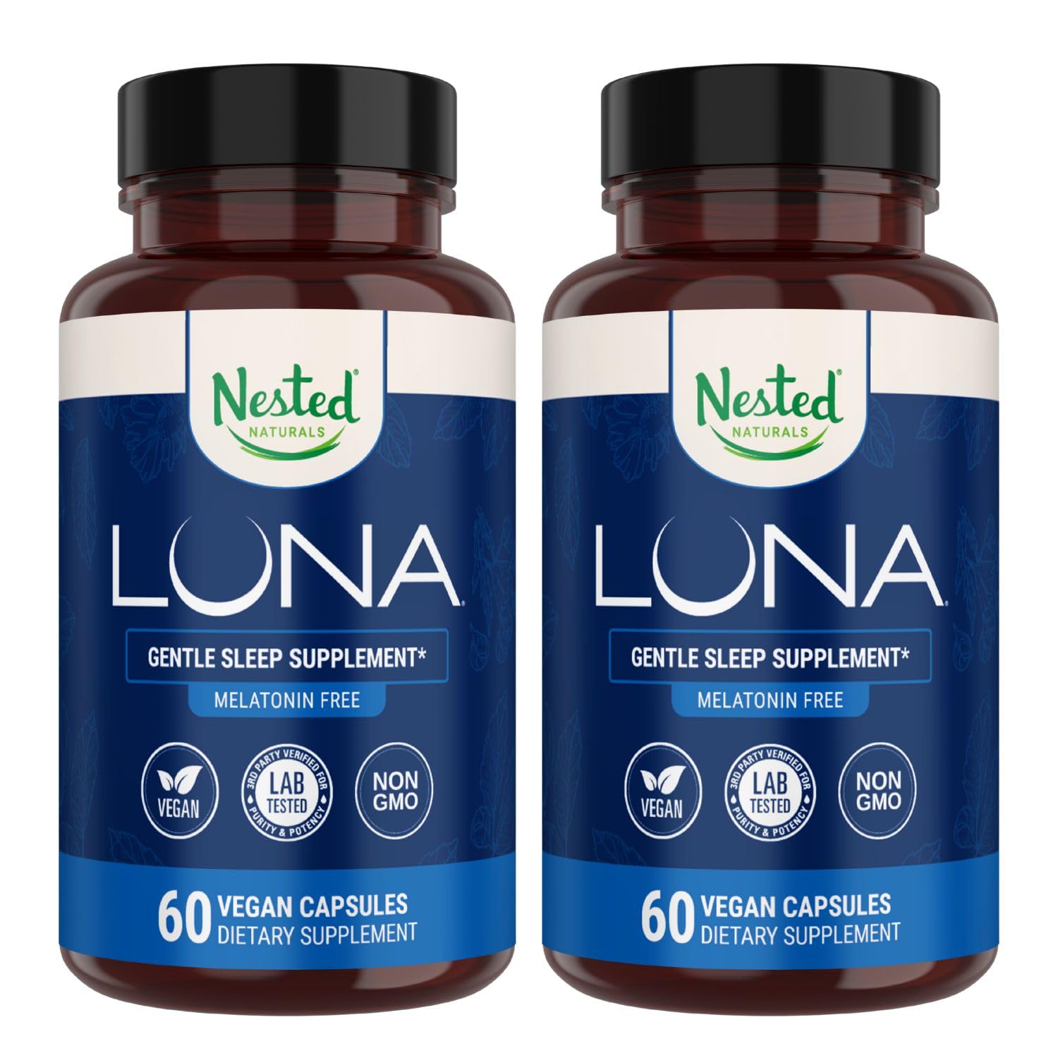 Nested Naturals Luna Melatonin-Free bottle front, showcasing herbal sleep ingredients.