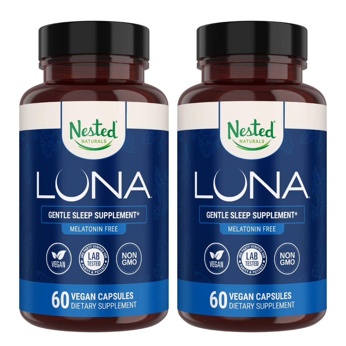 Nested Naturals Luna Melatonin-Free bottle front, showcasing herbal sleep ingredients.