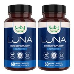 Nested Naturals Luna Melatonin-Free bottle front, showcasing herbal sleep ingredients.