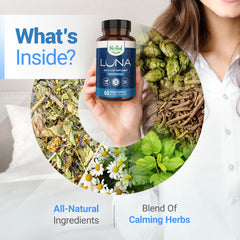 Nested Naturals Luna Melatonin-Free bottle with nine capsules on a nightstand.
