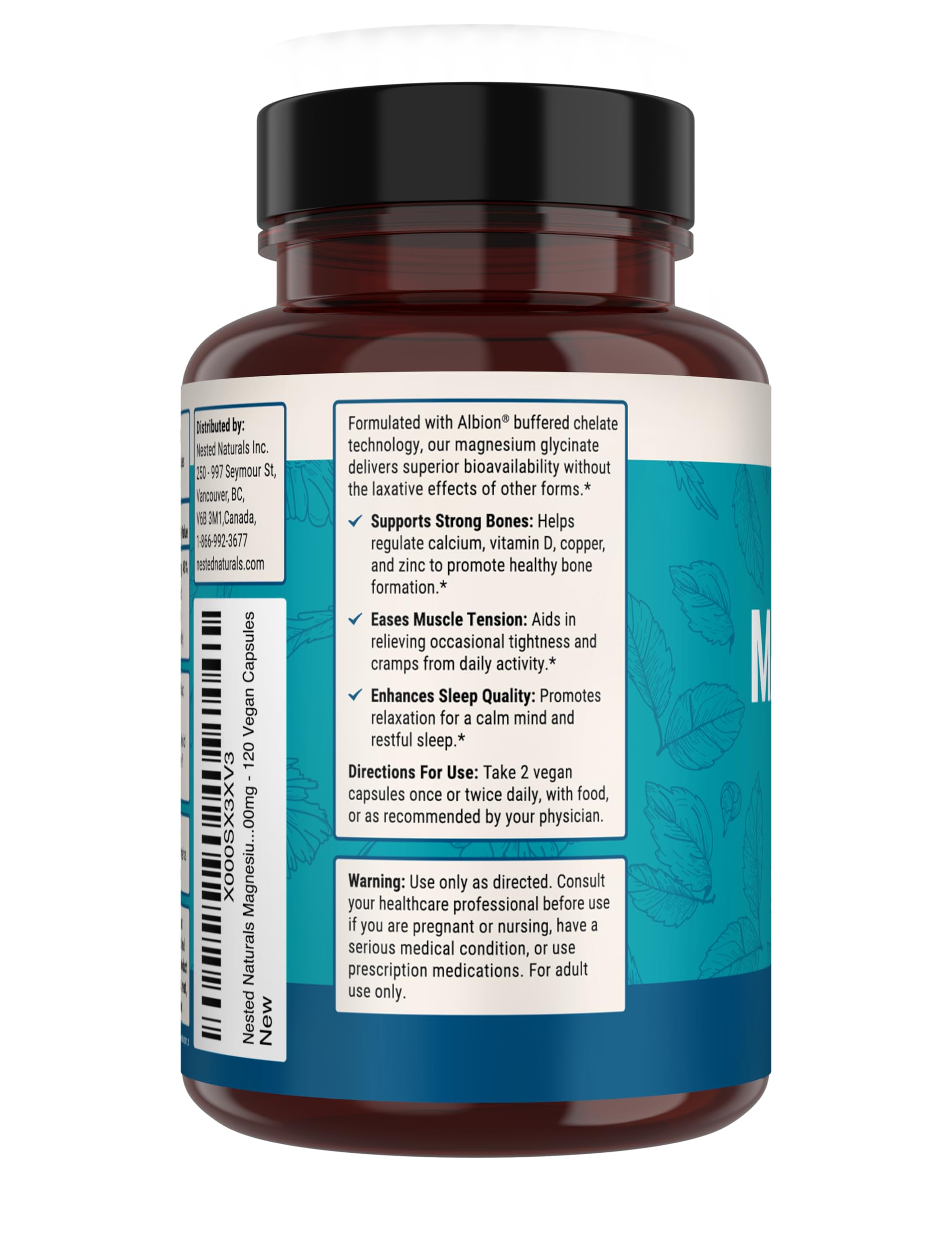Bottle with glass scene from Nested Naturals Magnesium Glycinate, sleep support feel