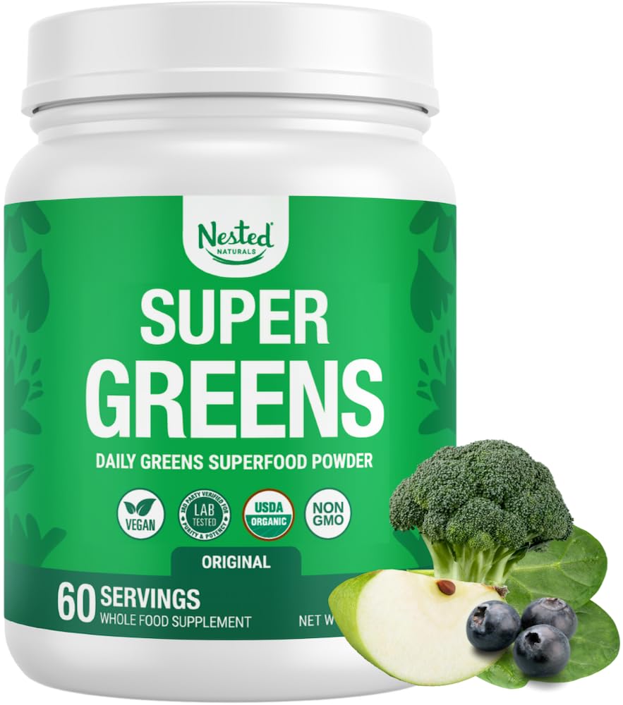 Nested Naturals Super Greens daily bottle ready for wellness support.