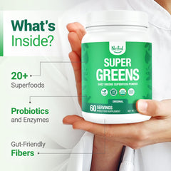 Nested Naturals Super Greens daily with spirulina and chlorella boosts daily nutrition.