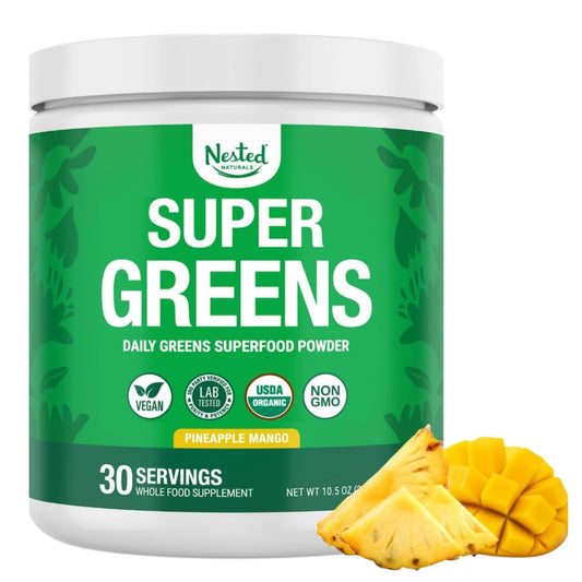 Nested Naturals Super Greens tub label for organic daily greens boost.