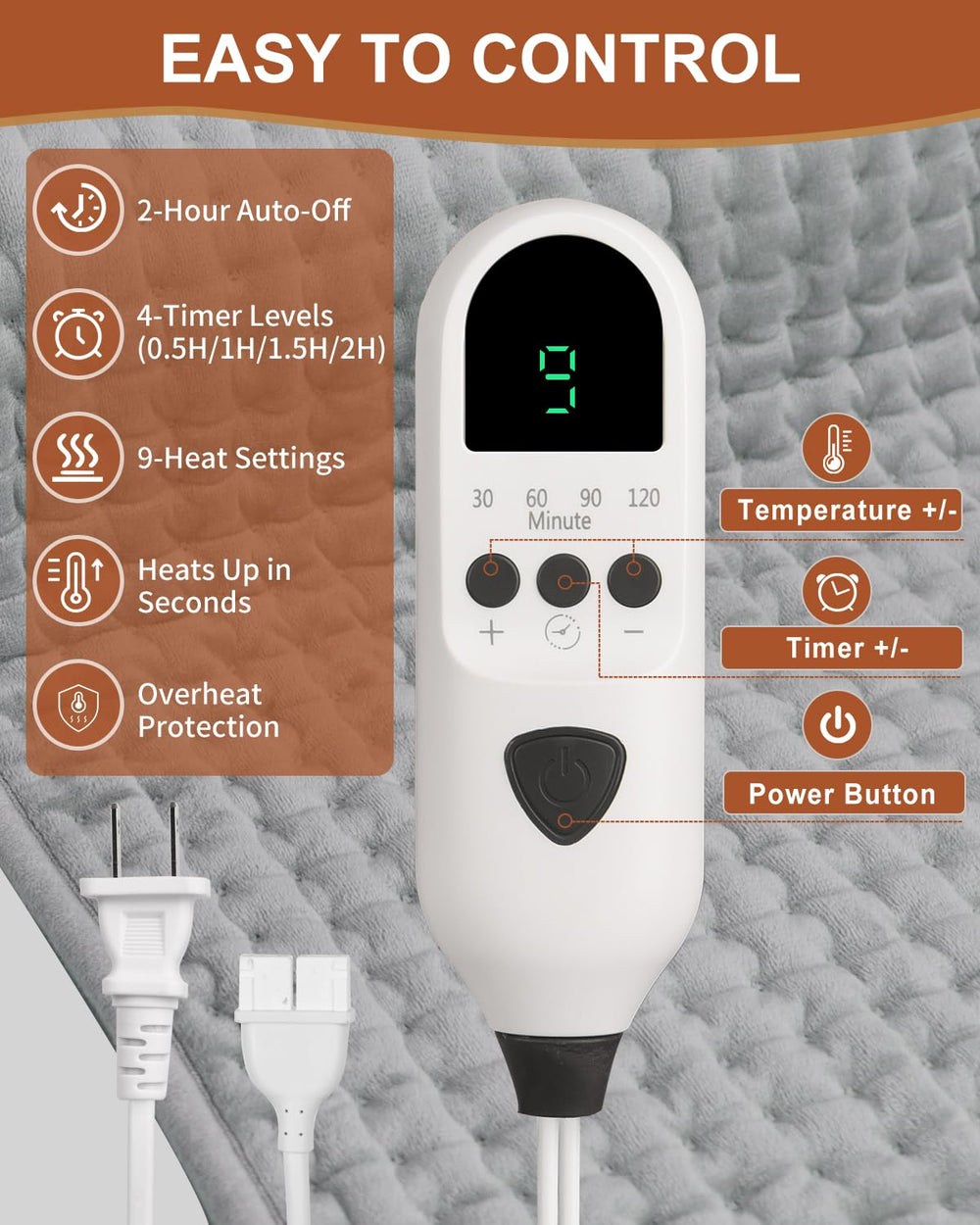 Netraty heating pad with 9 heat levels for personalized warmth.