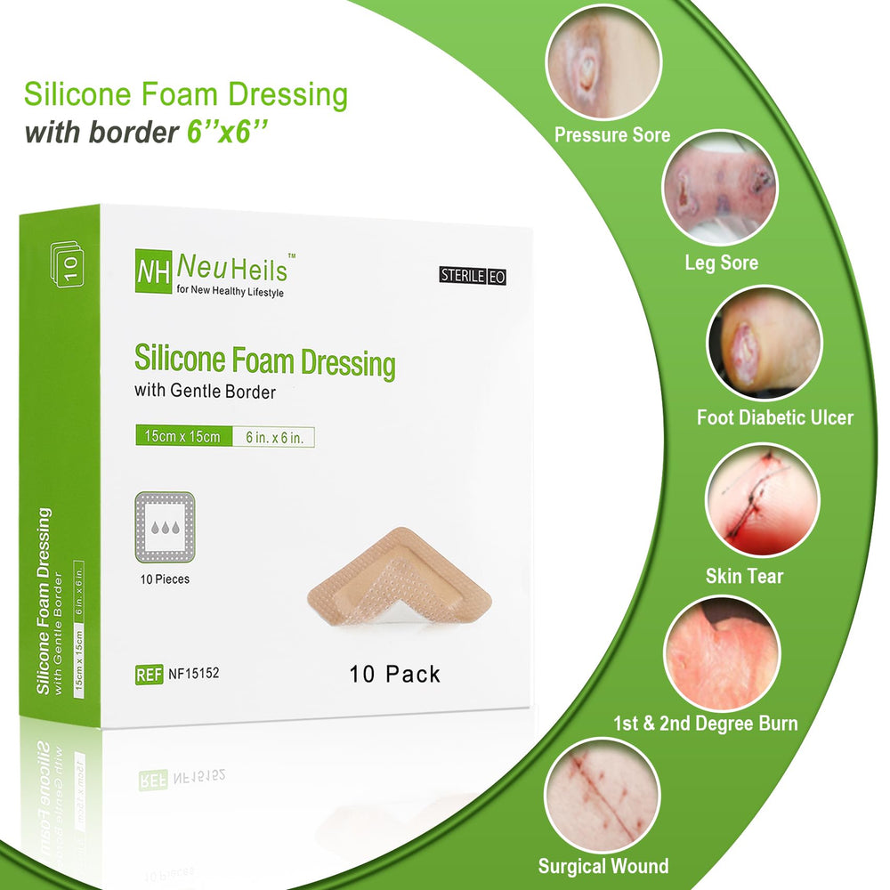NeuHeils gentle-border dressing with silicone layer for sensitive skin.