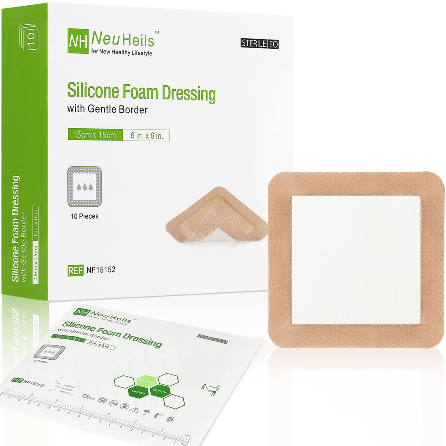 NeuHeils silicone adhesive foam dressing 6x6 box: high absorbency for exudate management.