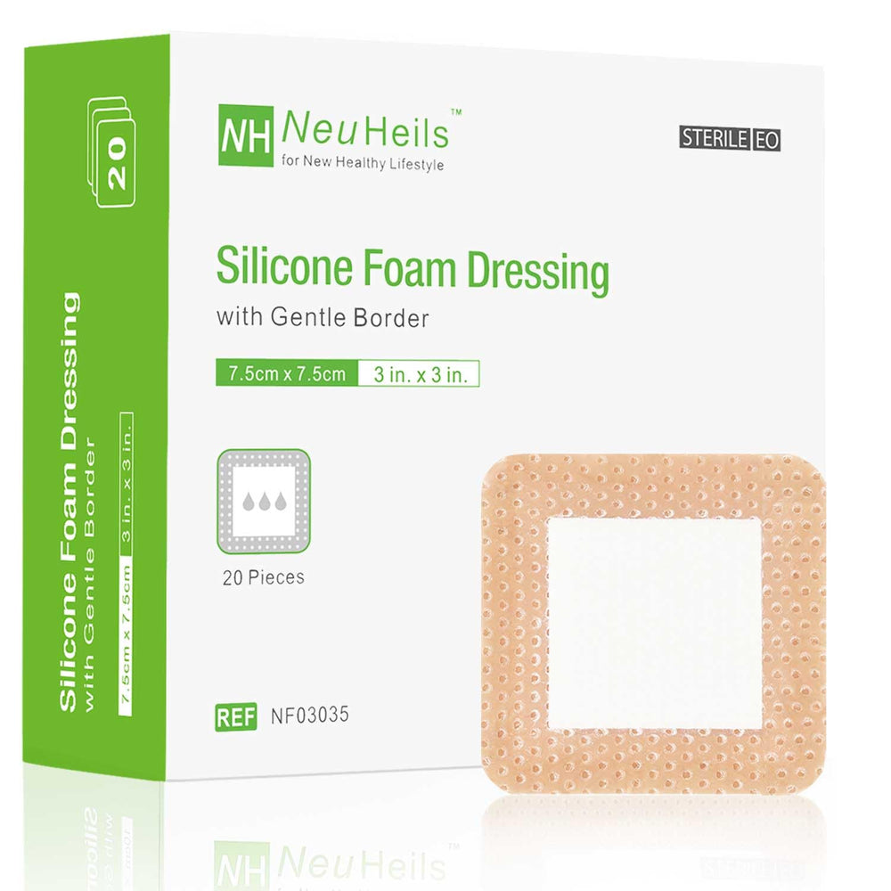NeuHeils silicone foam dressing 3x3 pack box front view for convenient wound care.