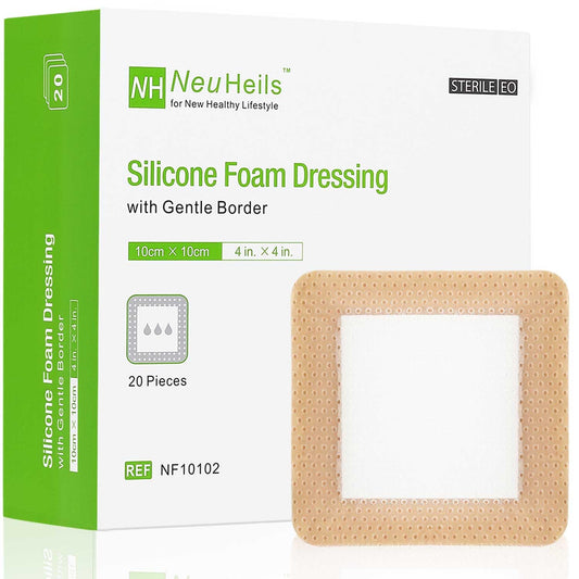NeuHeils silicone foam dressing 4x4 in, 20-pack box shown for easy bedside care