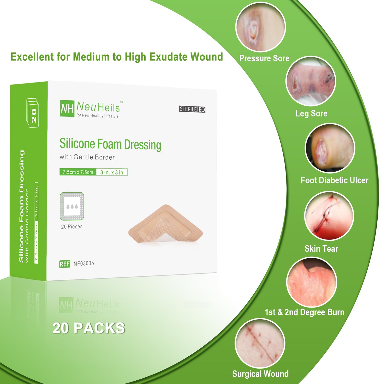 NeuHeils dressing with gentle border close-up showing minimized trauma during changes.