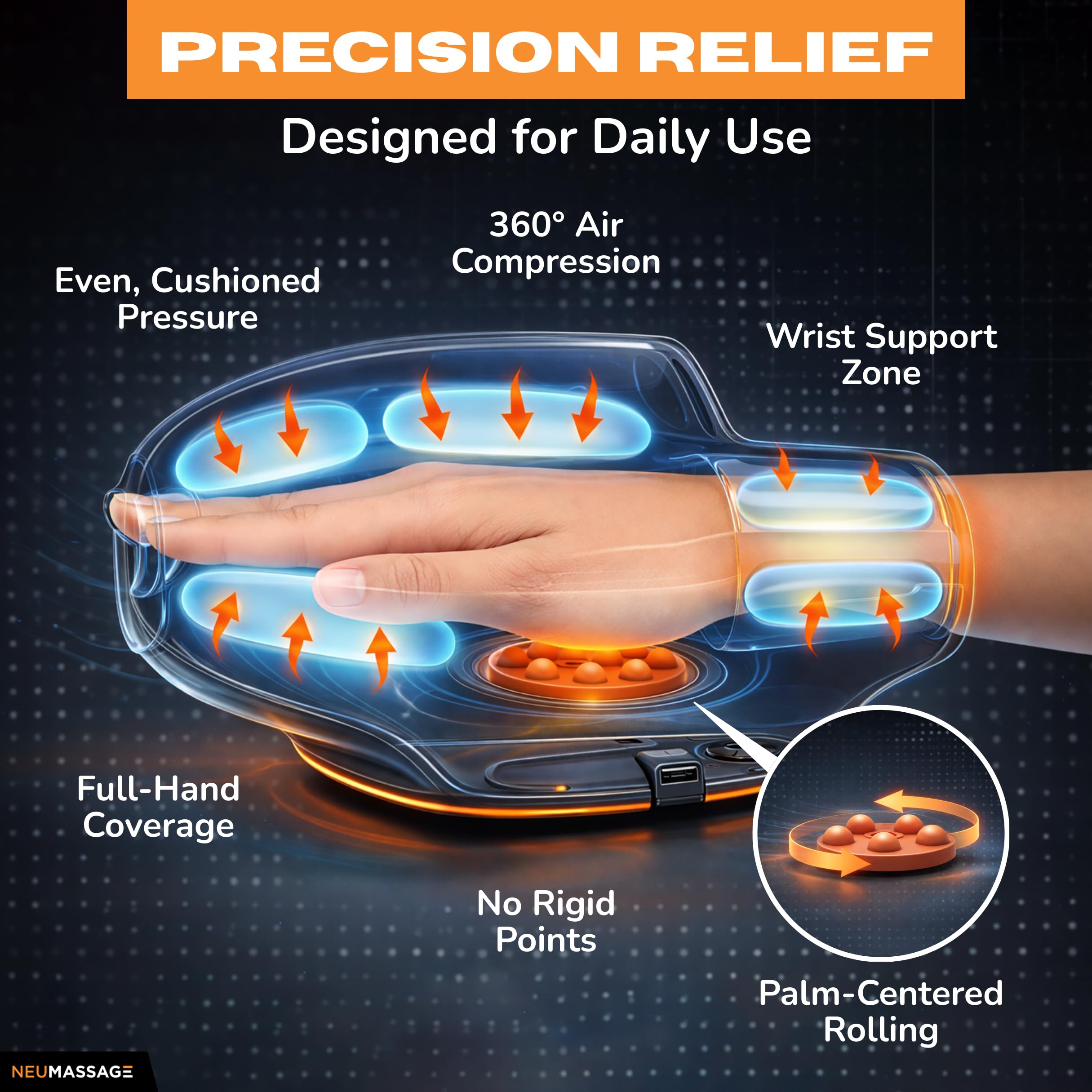NEUMASSAGE built-in fan cooling helps prevent sweaty palms.