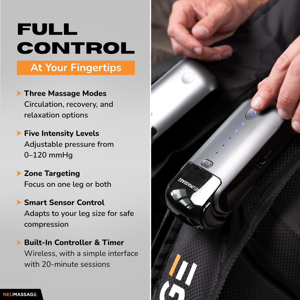 NEUMASSAGE five-chamber inflation provides targeted sequential compression for leg recovery