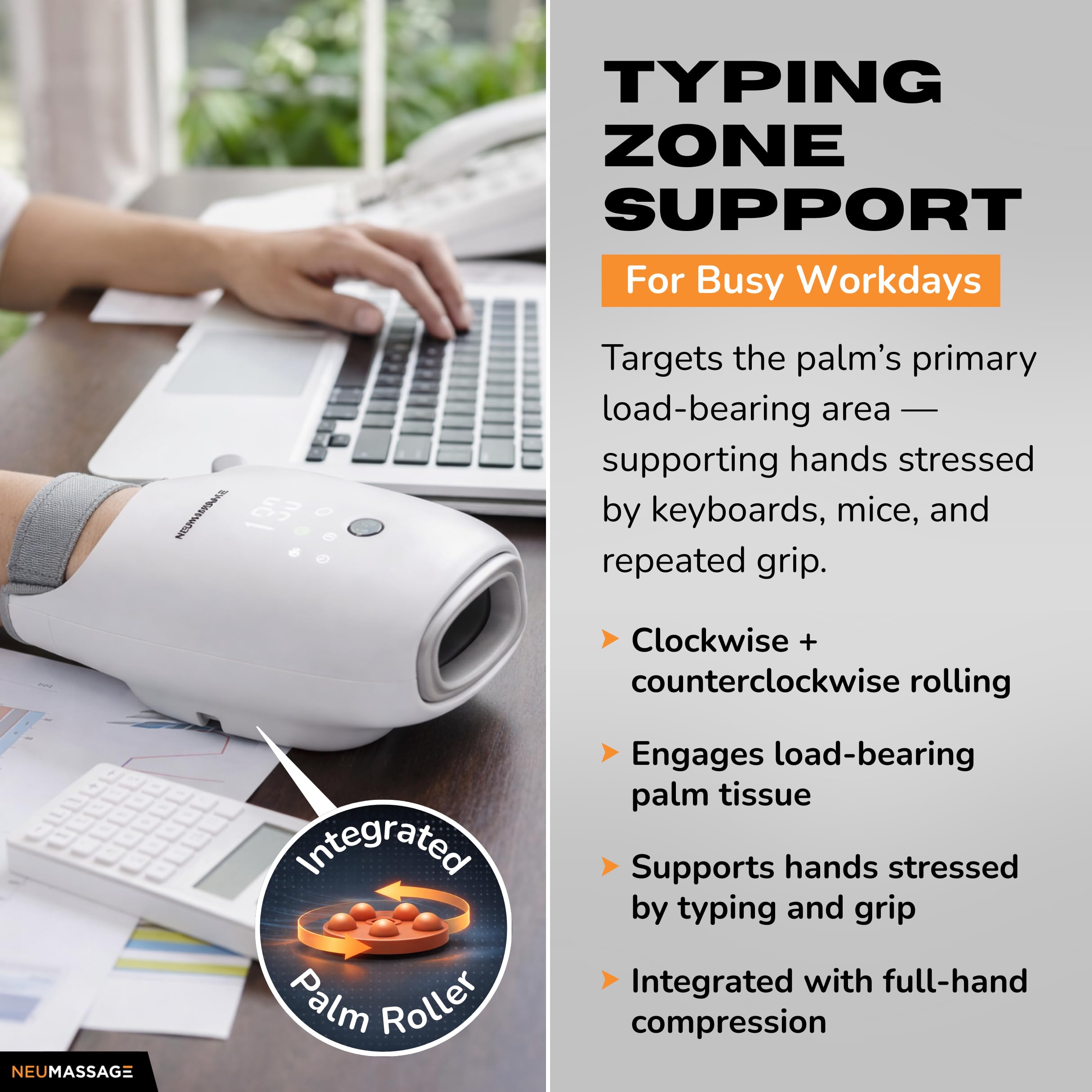 NEUMASSAGE full-hand coverage ensures a comprehensive massage experience.