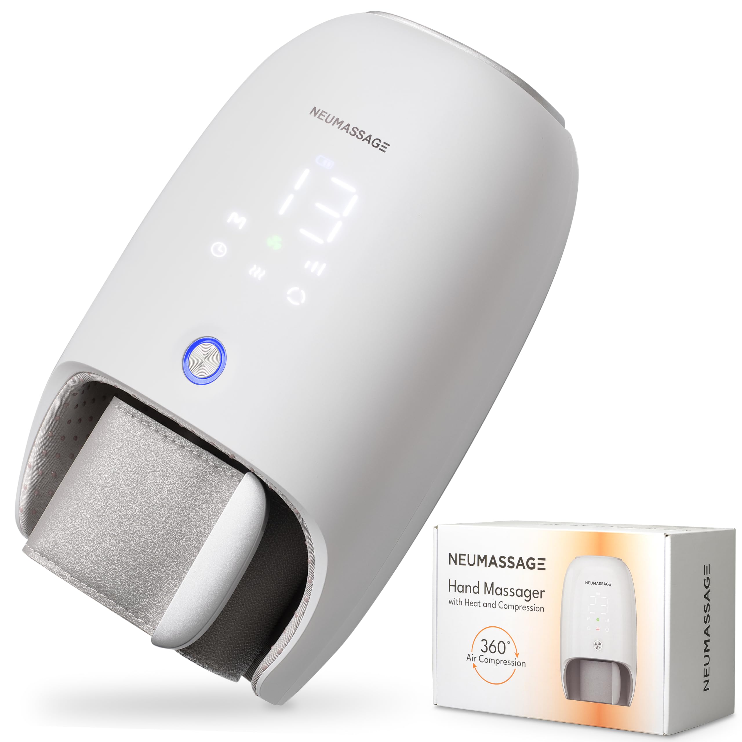 NEUMASSAGE hand massager with touchscreen for customizable at-home relief.