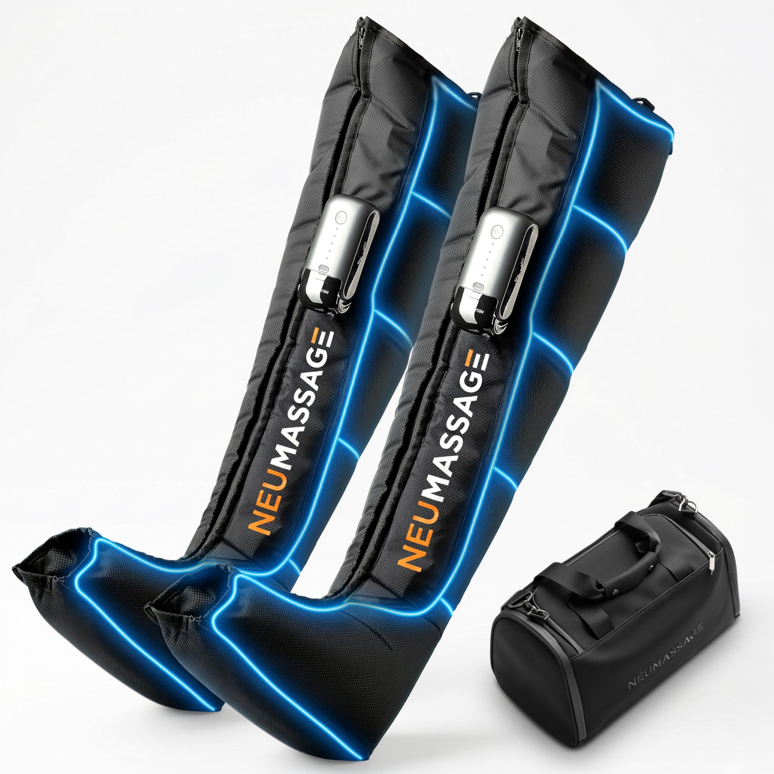 NEUMASSAGE legs recovery boots in use providing targeted compression for improved circulation