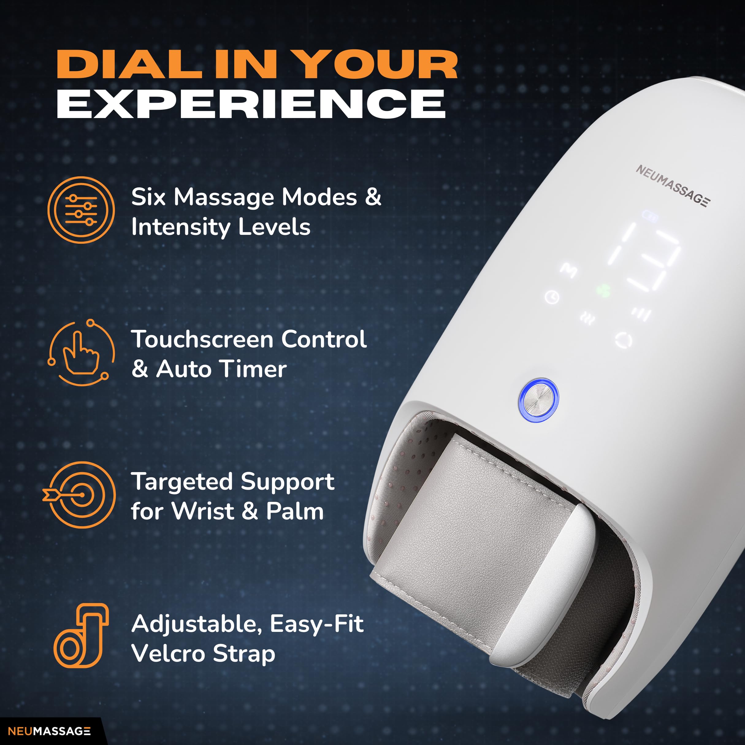 NEUMASSAGE adjustable wrist strap positions the compression precisely for comfort.