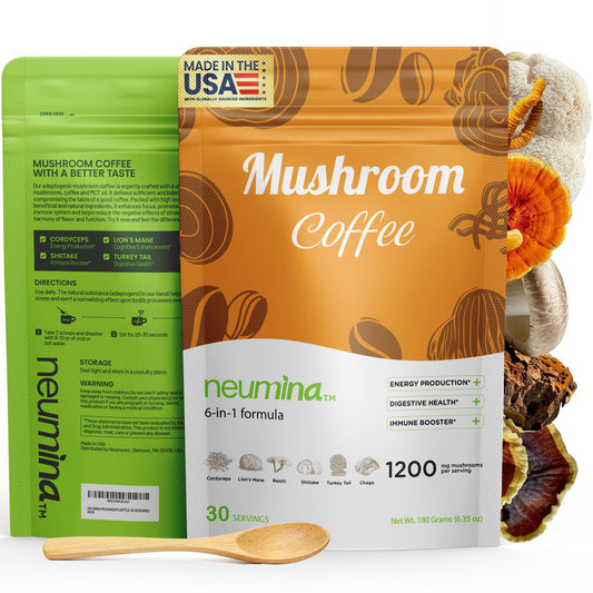 NEUMINA 6-in-1 Mushroom Coffee packshot highlights premium blend for steady energy.