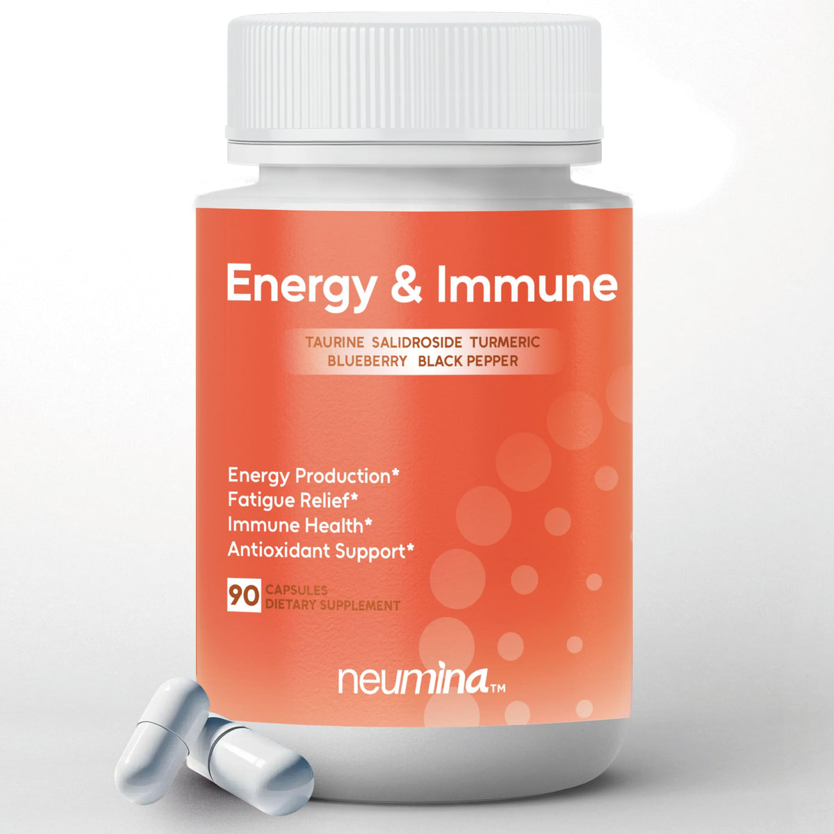 NEUMINA bottle-front showing vegan capsules for energy and immunity.