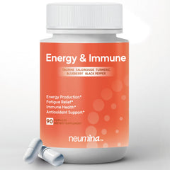 NEUMINA bottle-front showing vegan capsules for energy and immunity.