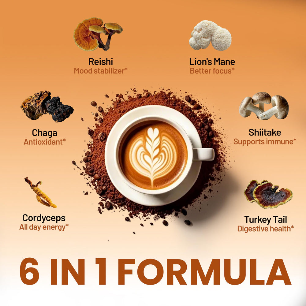NEUMINA 6-in-1 ingredients closeup shows Cordyceps and Lion's Mane for focused days.