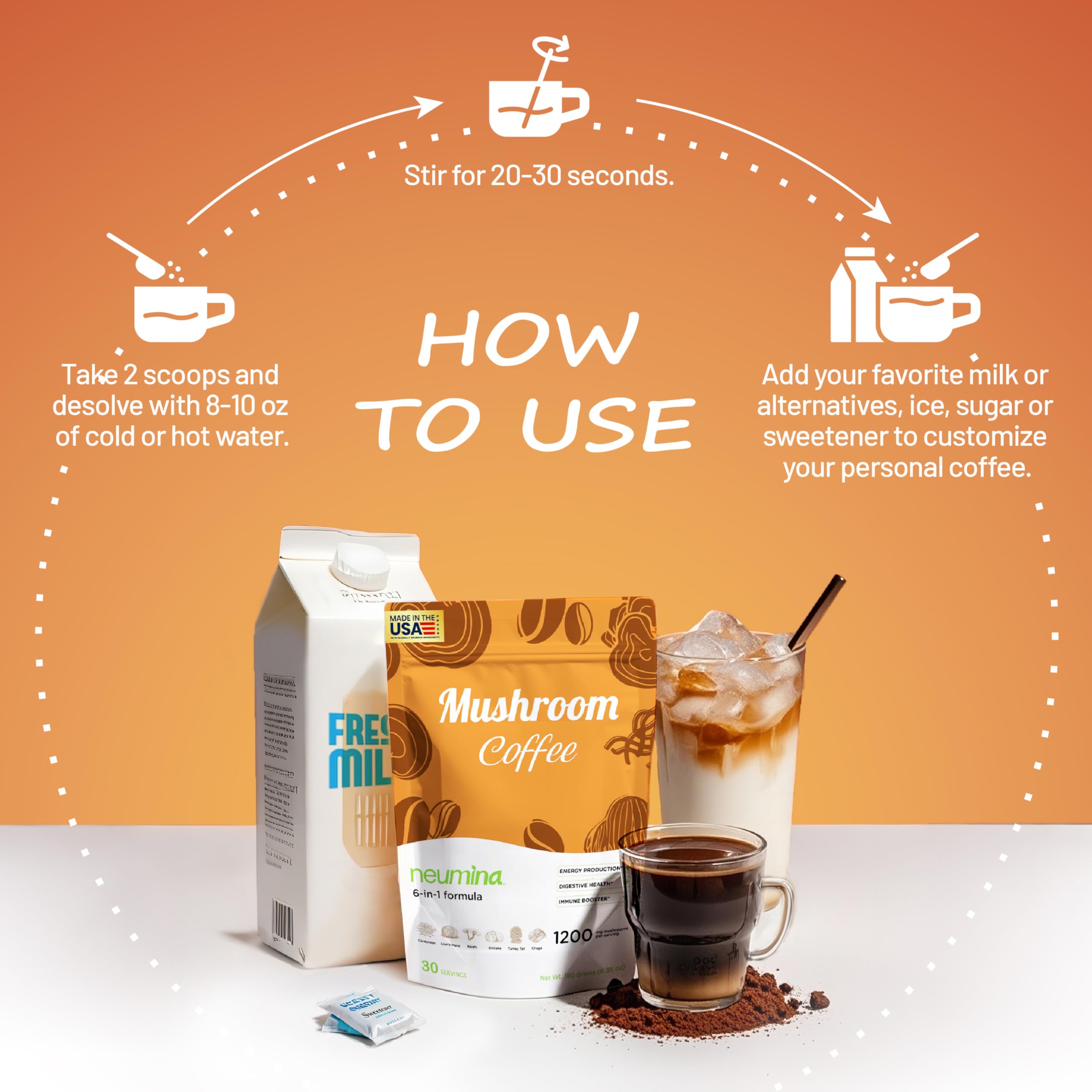 NEUMINA Mushroom Coffee bag closeup emphasizes clean ingredients with no added sugar.