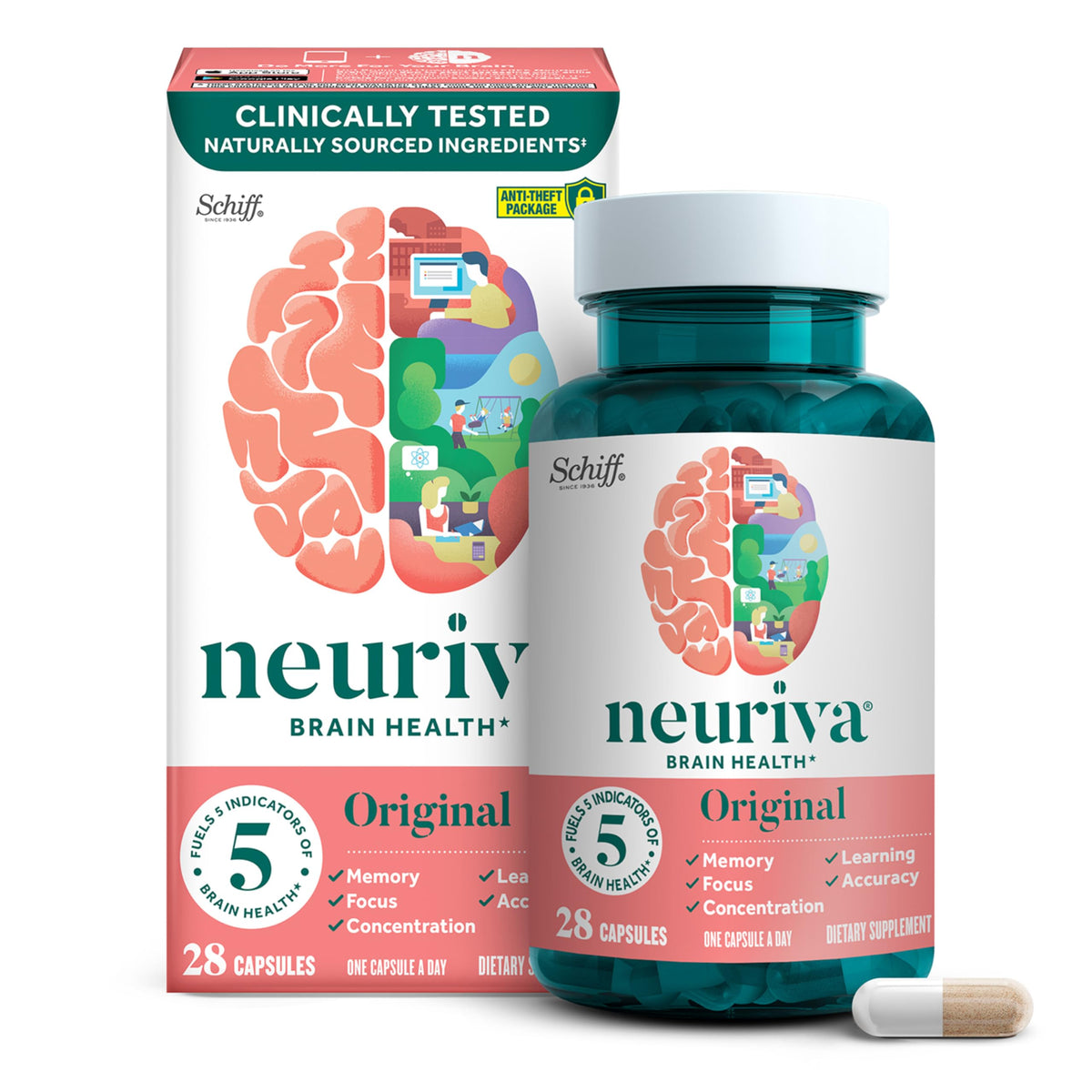 NEURIVA Original bottle front highlighting decaffeinated brain support for focus.