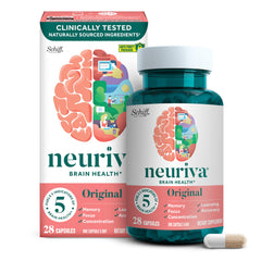 NEURIVA Original bottle front highlighting decaffeinated brain support for focus.