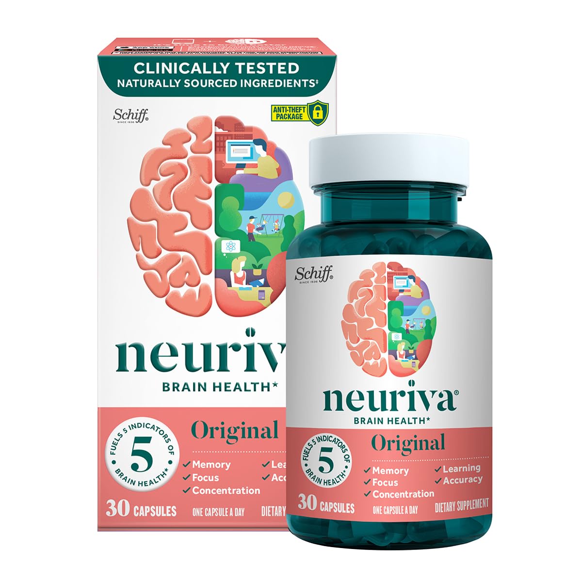 Neuriva Original bottle side view highlighting decaffeinated capsules for everyday focus