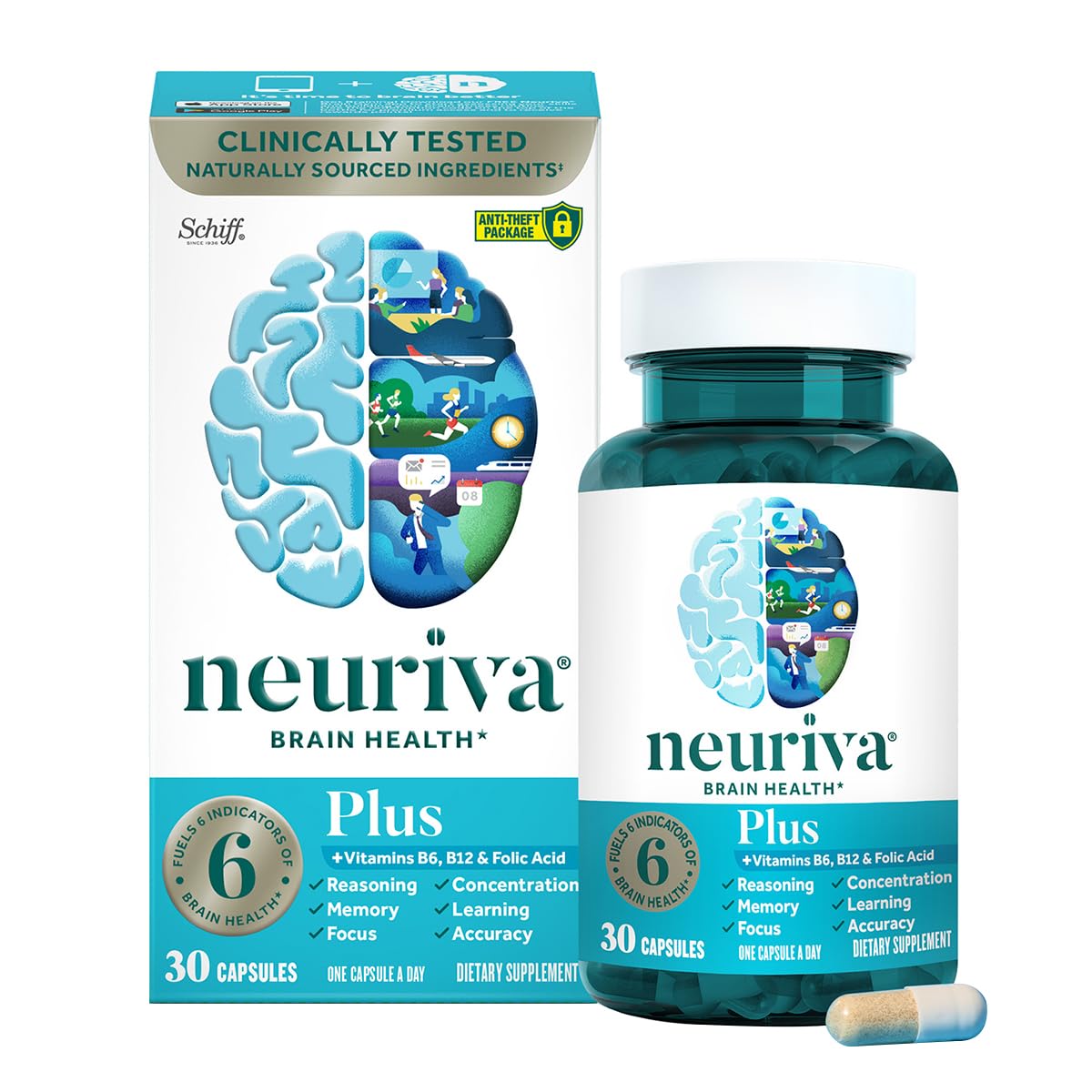 Neuriva Plus bottle front showing Neurofactor and PS ingredients for focus.