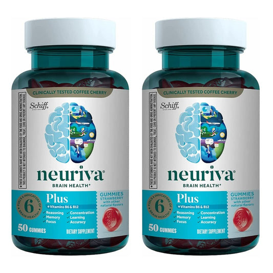NEURIVA Plus bottle with strawberry gummies for daily brain support.