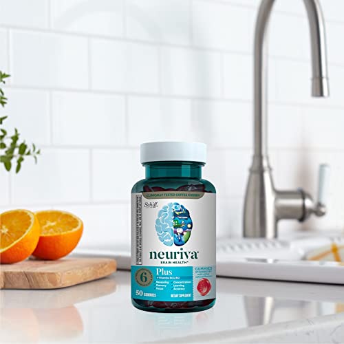Open NEURIVA Plus jar with gummies spilling slightly.