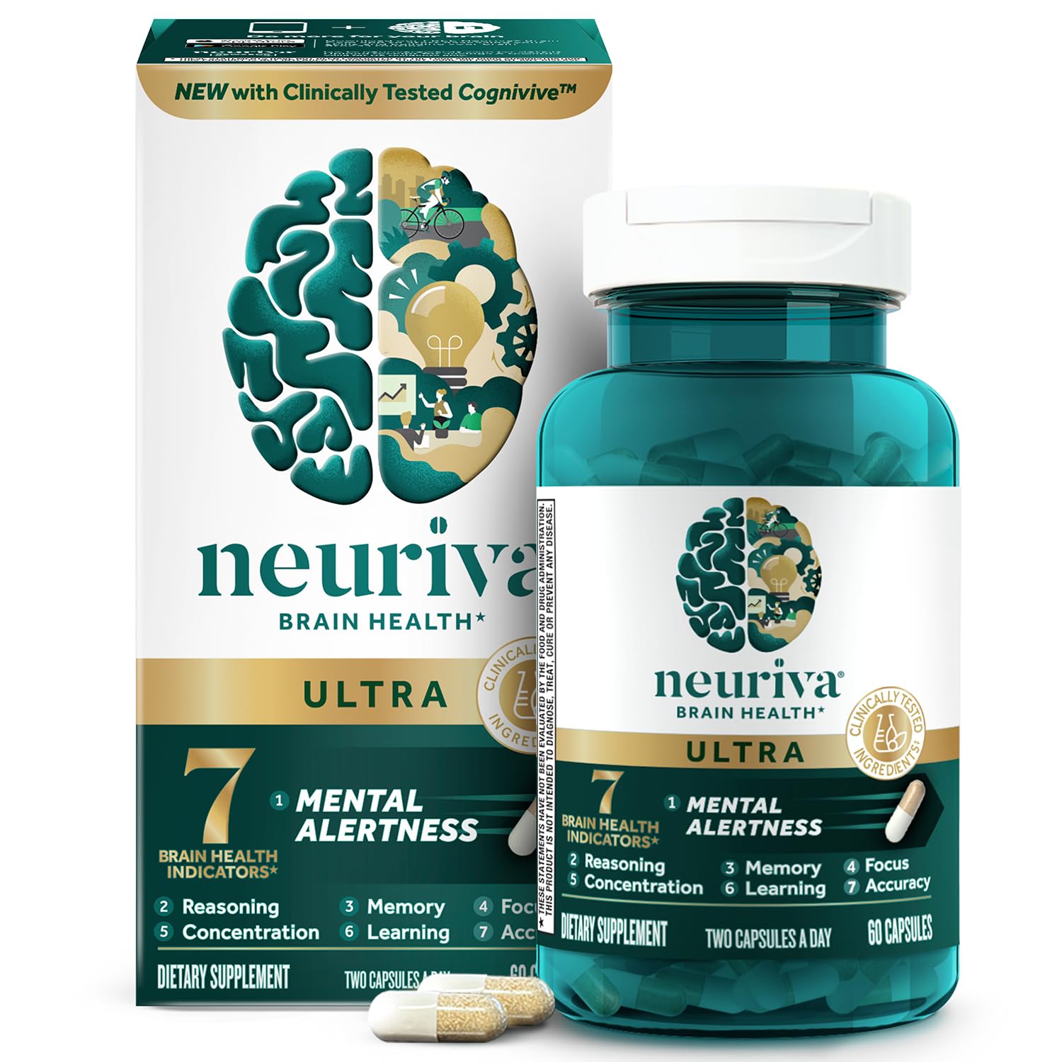 NEURIVA Ultra decaf bottle front view with capsules for memory support at work.