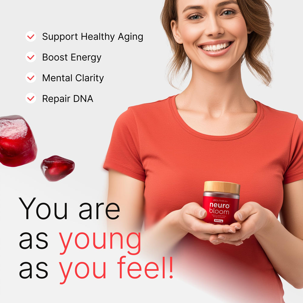 Neuro Bloom Urolithin A capsule in hand suggests practical energy support.