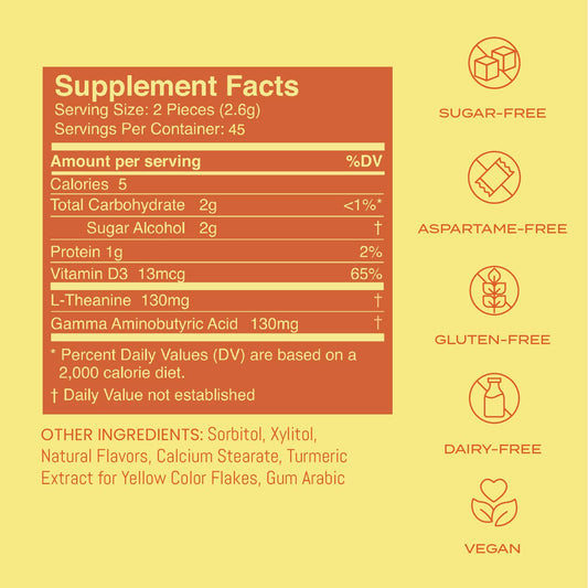 Close-up of Neuro Calm and Clarity Mints texture highlighting sugar-free, aspartame-free formula.