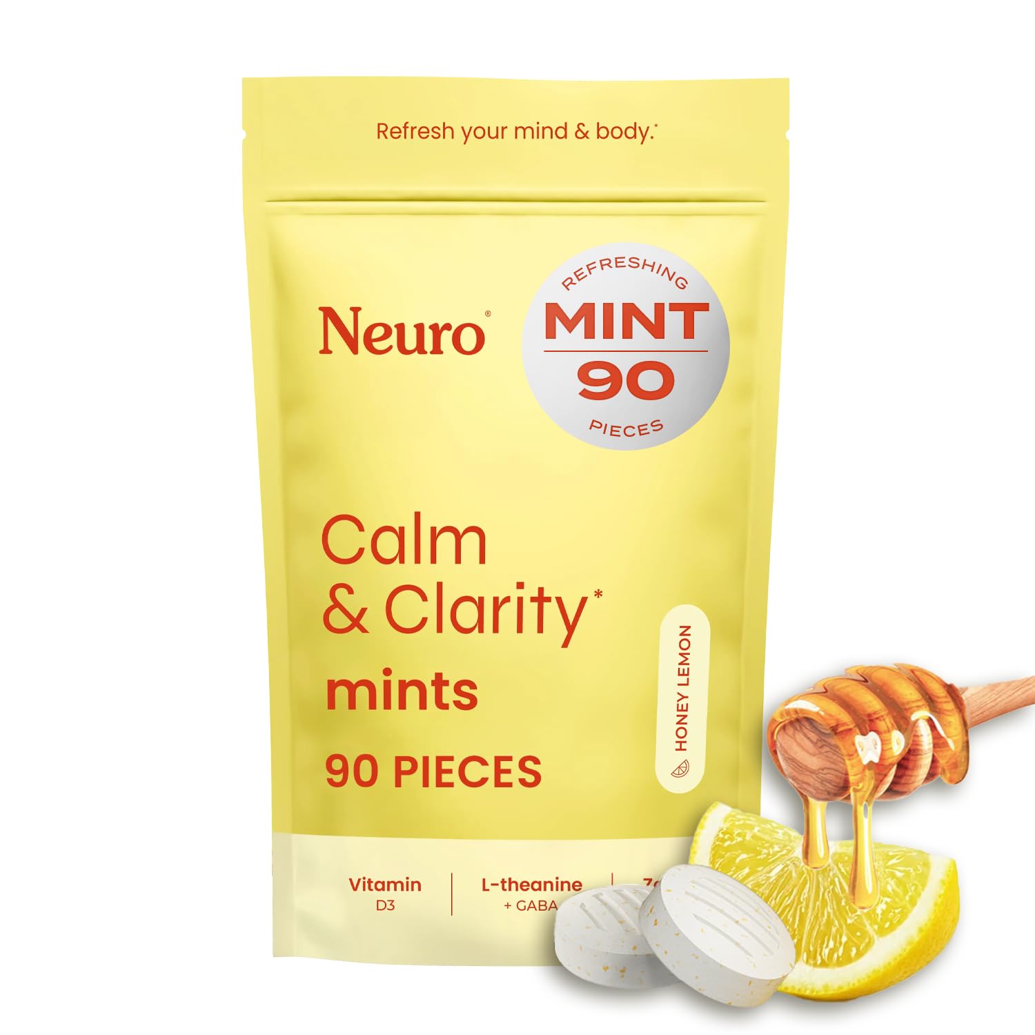 Neuro Calm and Clarity Mints packaging shows honey lemon flavor for quick calm.