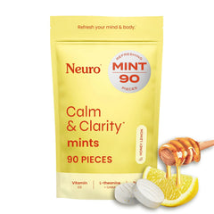 Neuro Calm and Clarity Mints packaging shows honey lemon flavor for quick calm.