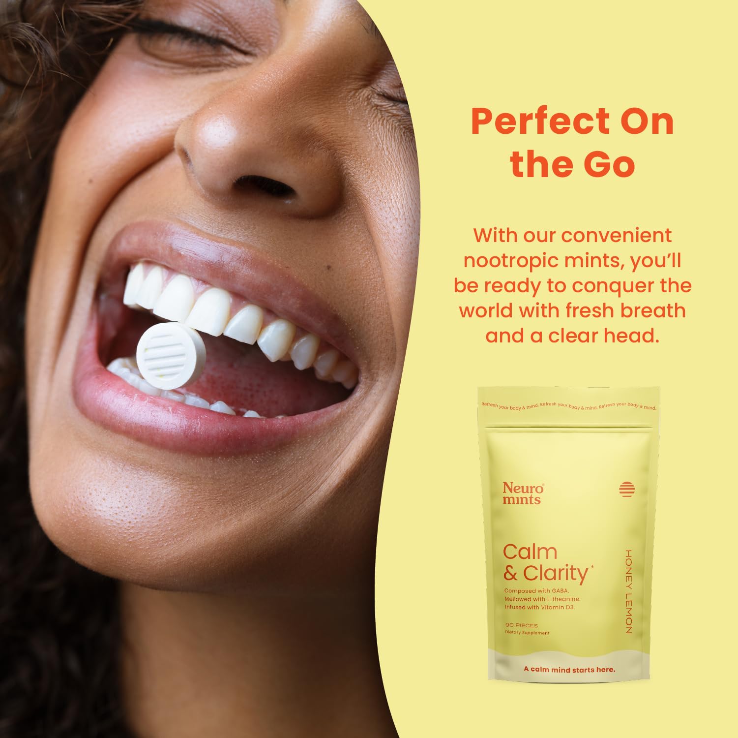 Mints dispensed from a Neuro bottle ready for daily calm and clarity.