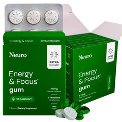 Neuro Energy & Focus Gum bottle shows minty caffeine boost for quick focus.