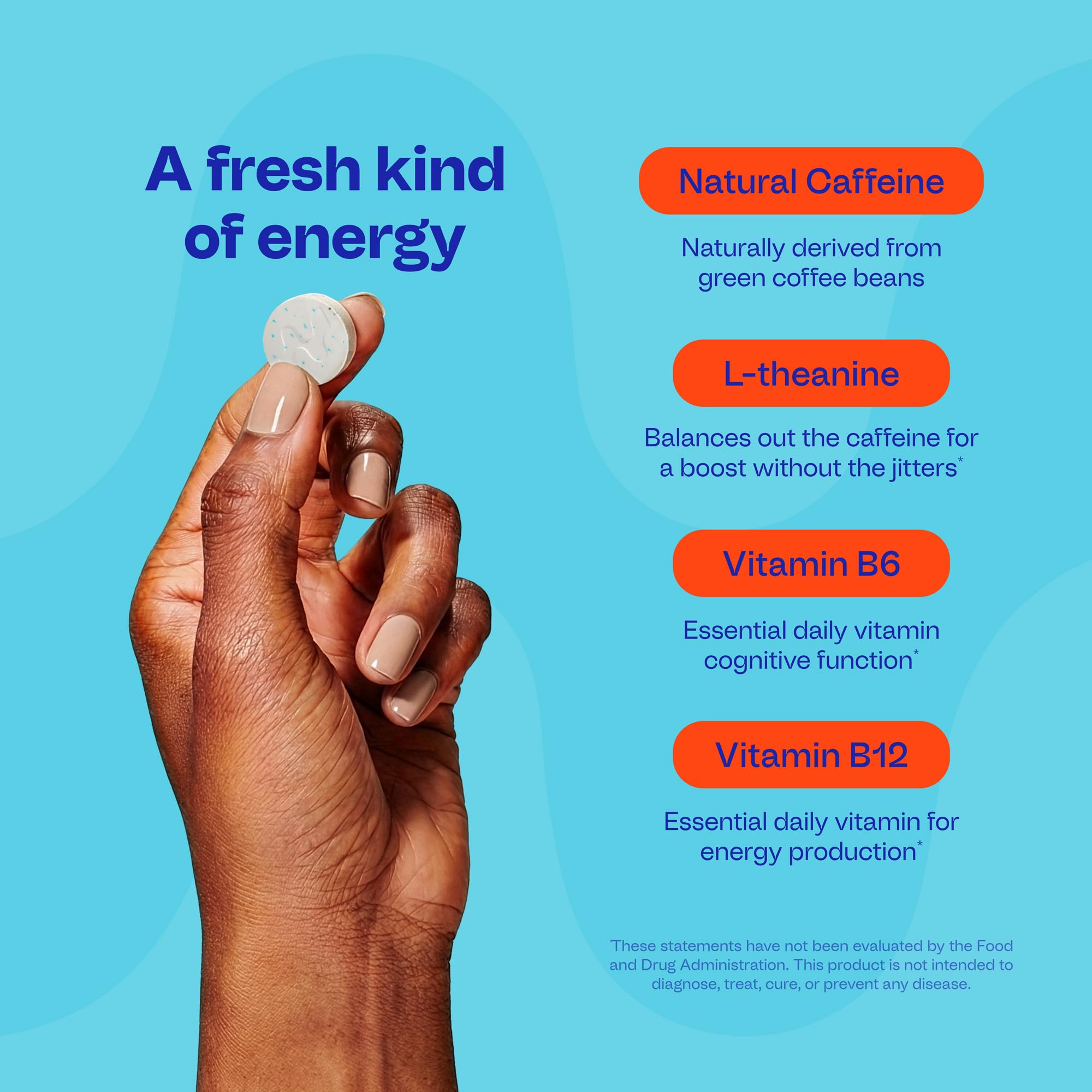 Ingredients panel highlights natural caffeine and sugar-free formulation.
