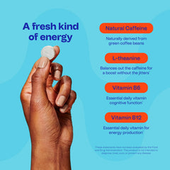 Ingredients panel highlights natural caffeine and sugar-free formulation.