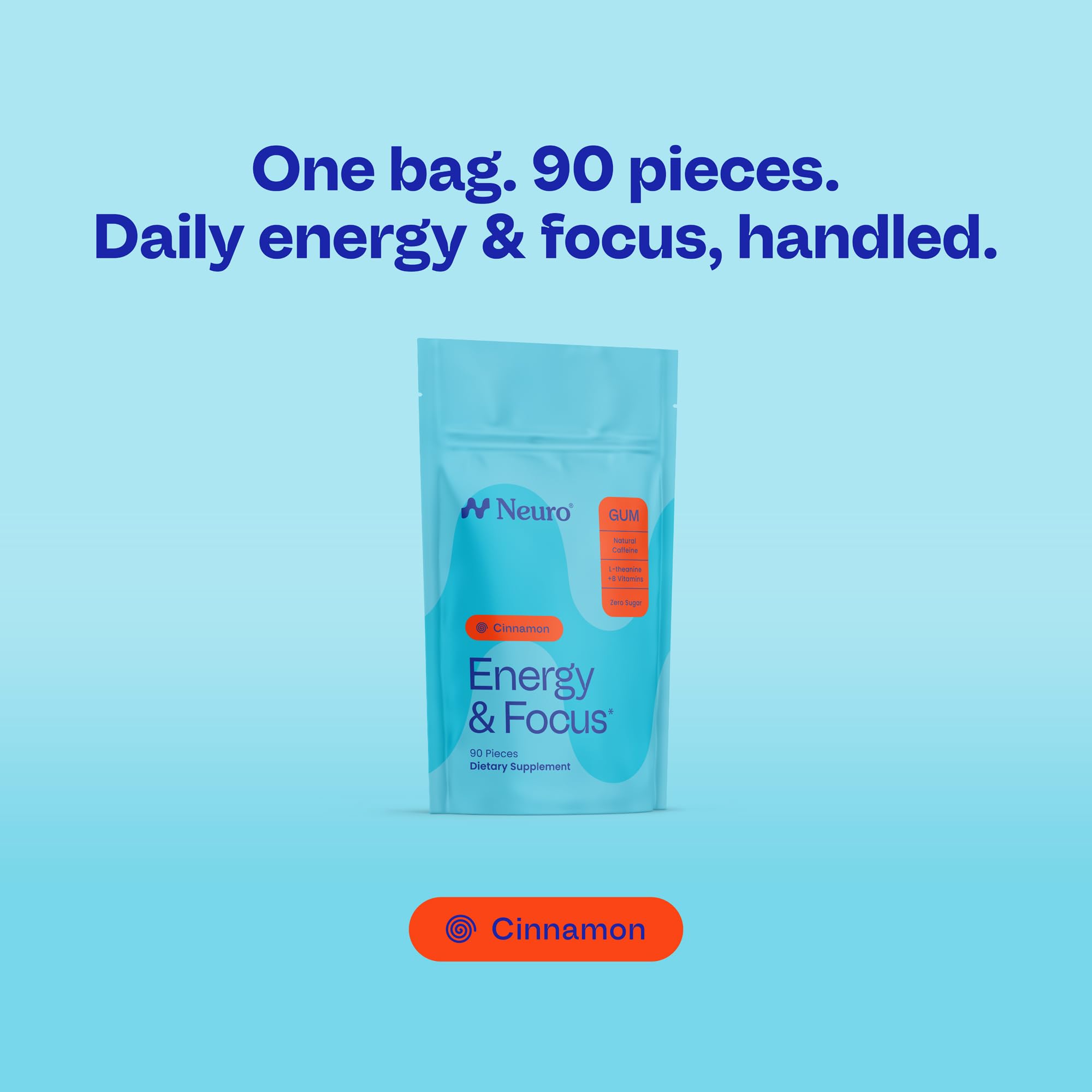 Close-up of Neuro energy gum piece in cinnamon flavor.