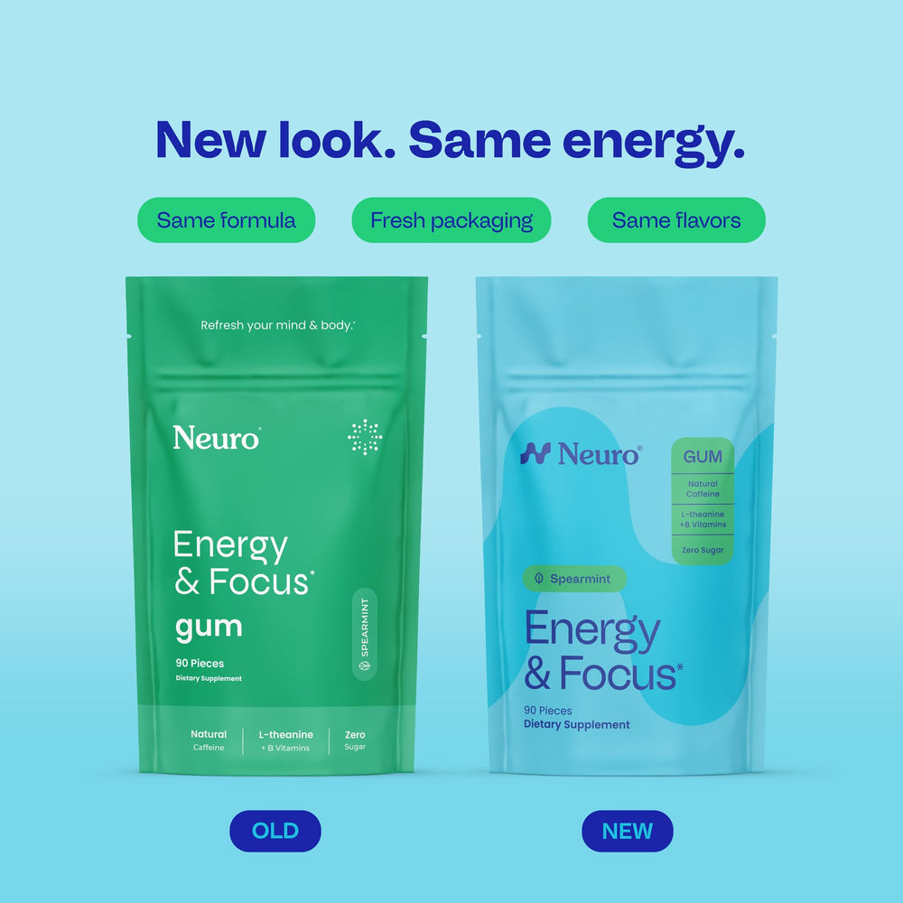 Neuro Energy & Focus Gum jar back highlights ingredients for smooth, focused energy