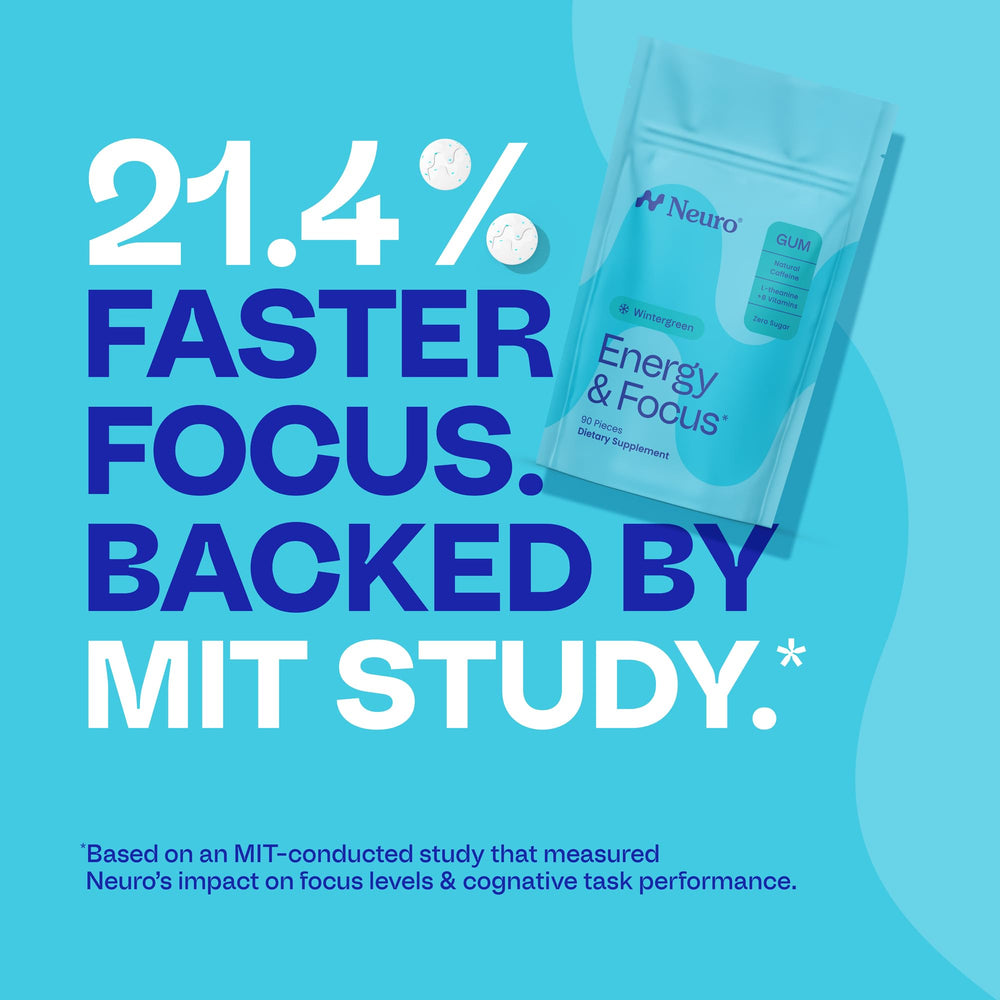 Neuro Energy Focus gum pack branding shown for wintergreen flavor and focus
