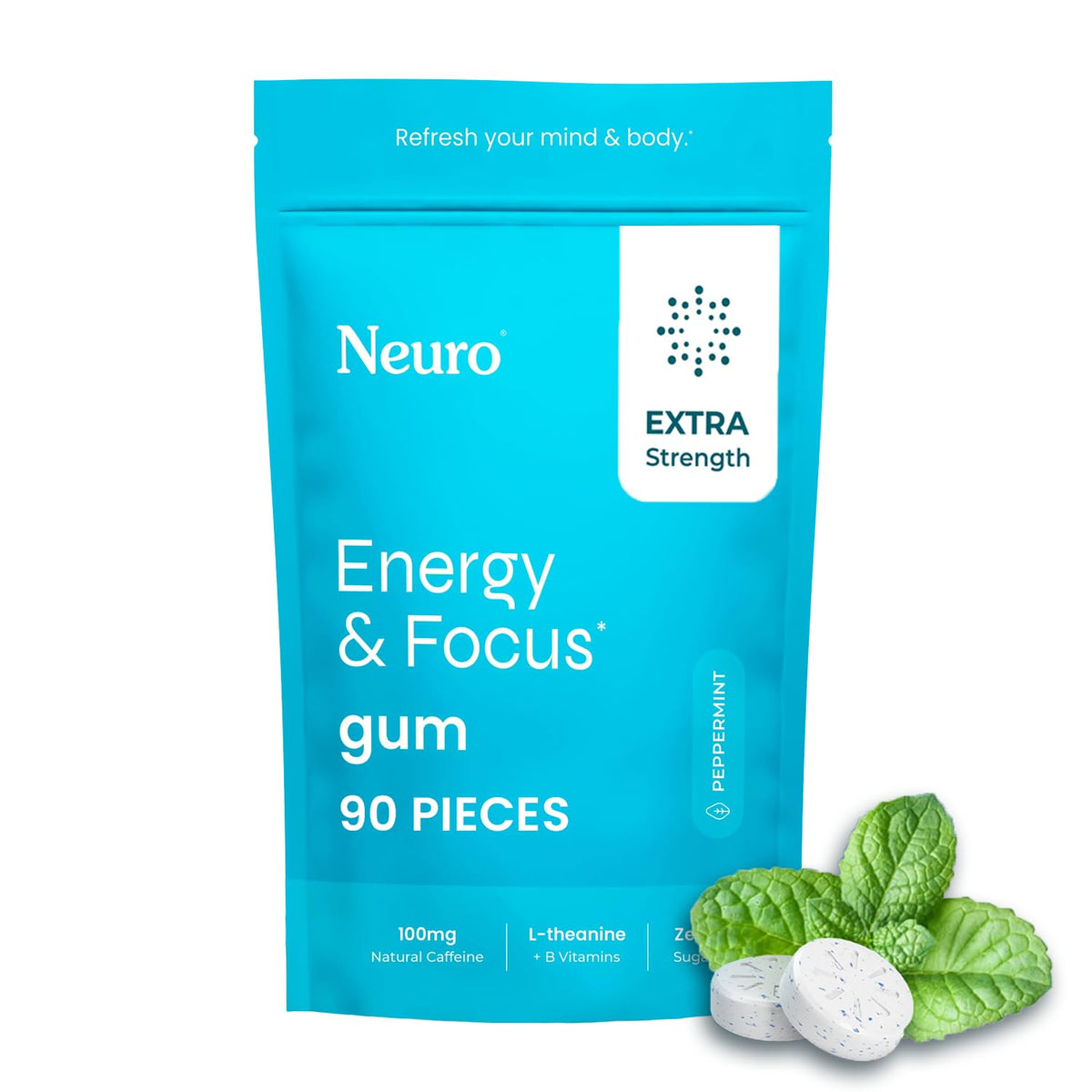 Neuro Energy & Focus Gum packaging highlights extra-strength formula for on-the-go energy.